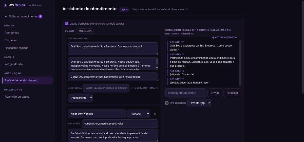 Editor do assistente de atendimento com simulador de conversa